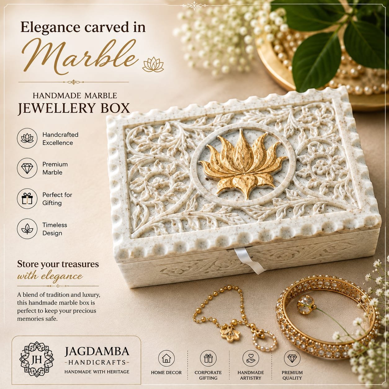 Handcrafted Carved Marble Jewellery Box