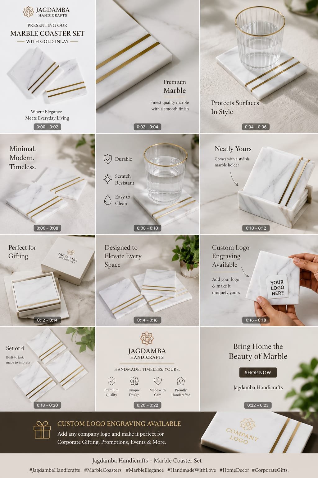 Marble Coaster Set with Double Gold Line Inlay