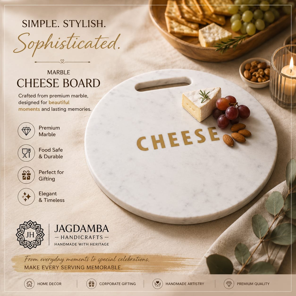 Round Marble Cheese Board with Brass Inlay